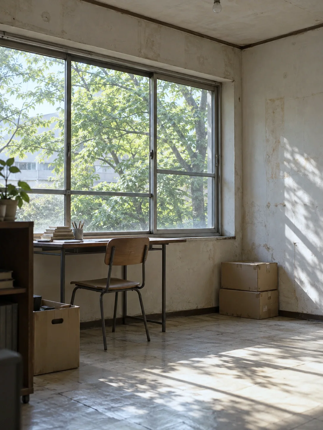 補修前の部屋。段ボールが残り、壁にしみ