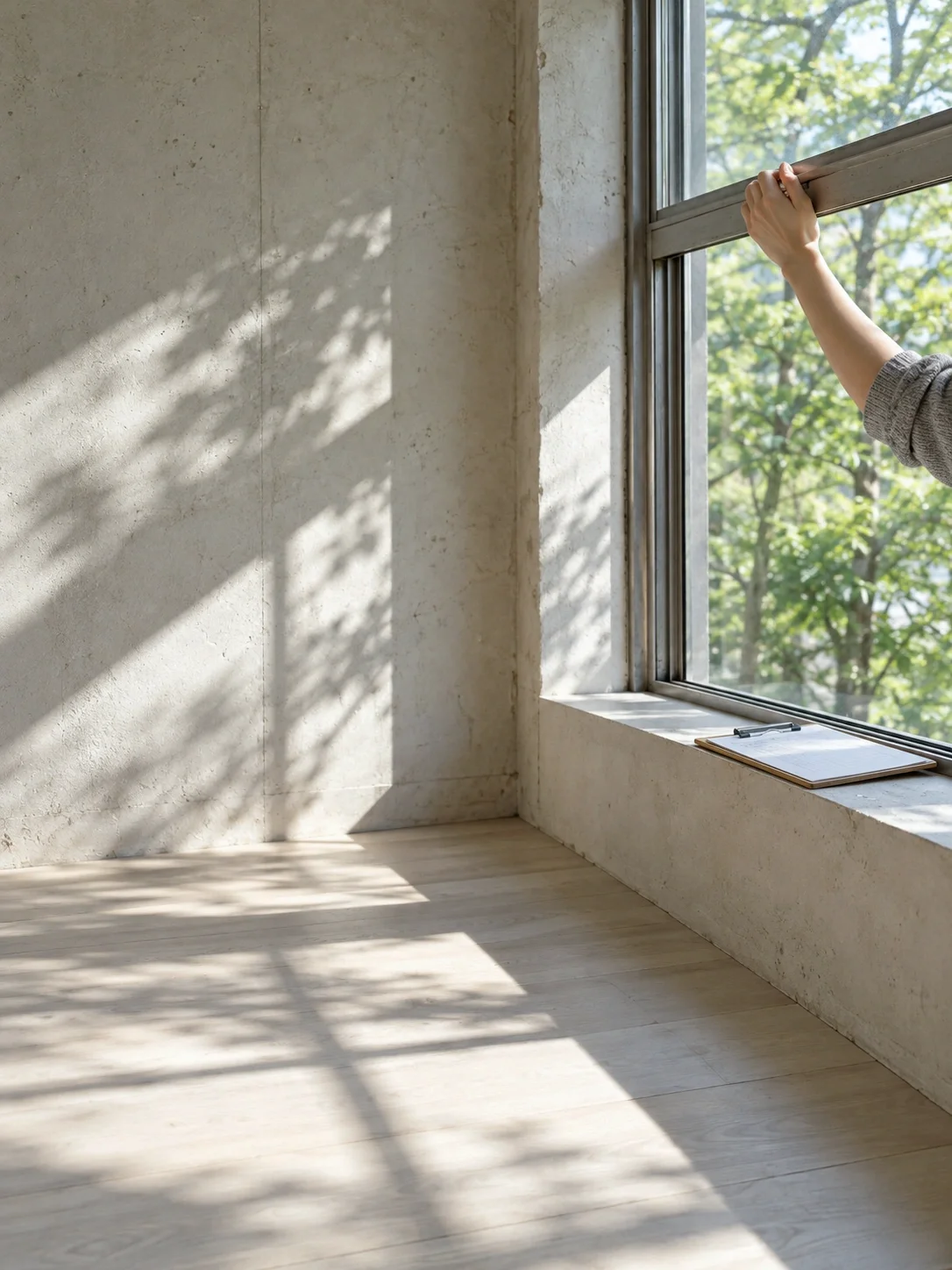 葉の影が落ちる白い部屋で、スチールの窓を上げる手元