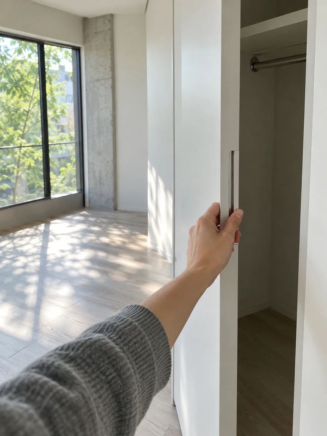 何もない明るい部屋で、作り付けの白い収納の戸を開ける手元
